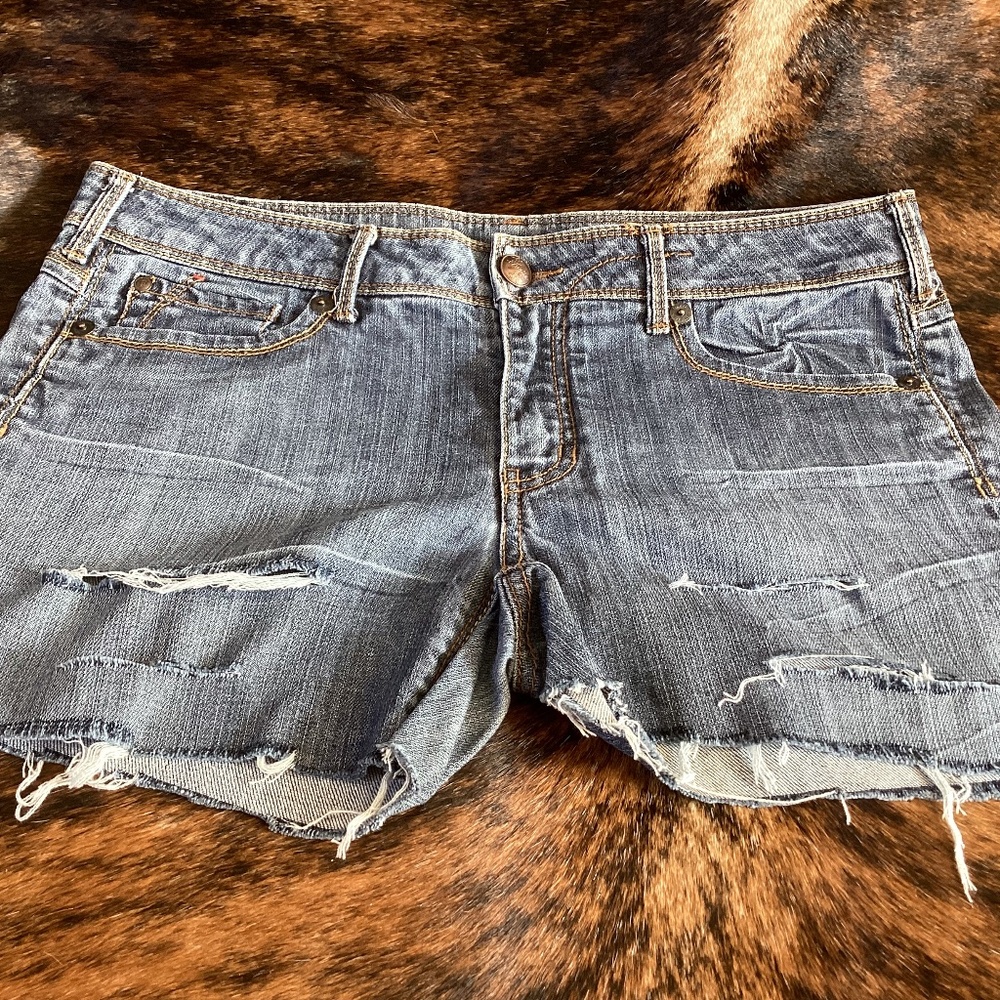 Fragile Blue Denim Distressed Cut Shorts